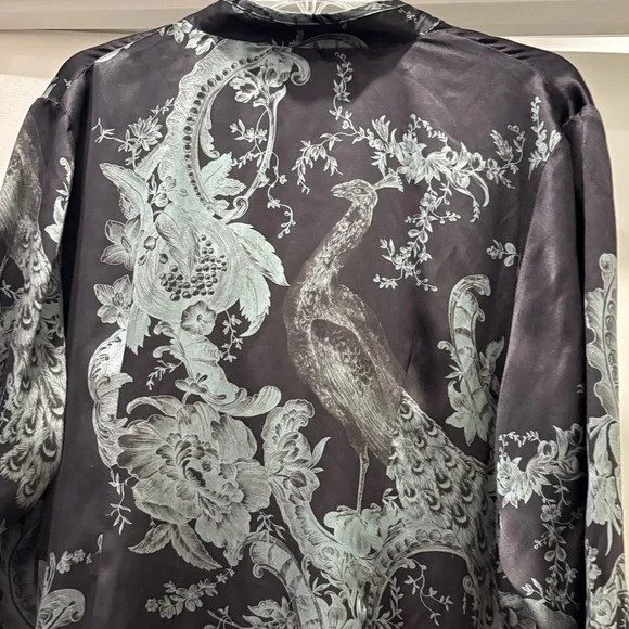 CITRON Santa Monica 1x Silk Black Button-Front Top Sage Peacock Print - Picture 8 of 11